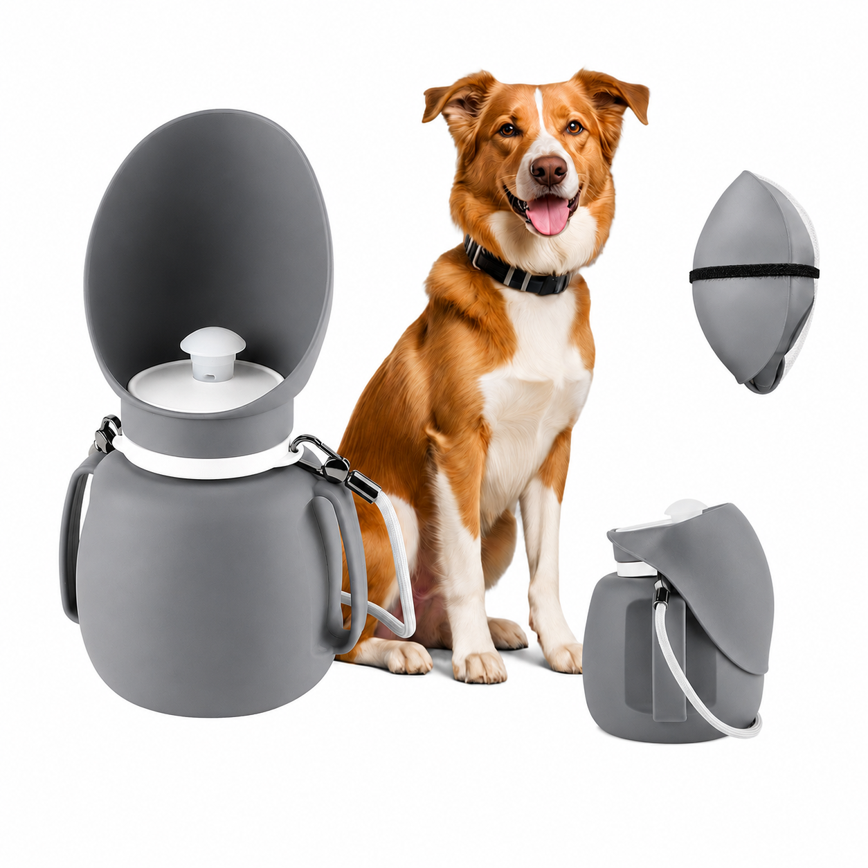 Gray portable dog water bottle shown open beside a brown and white dog, with folded side and back views