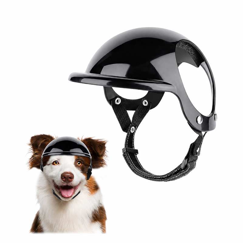 Black adjustable dog safety helmet with chin strap and dog wearing inset