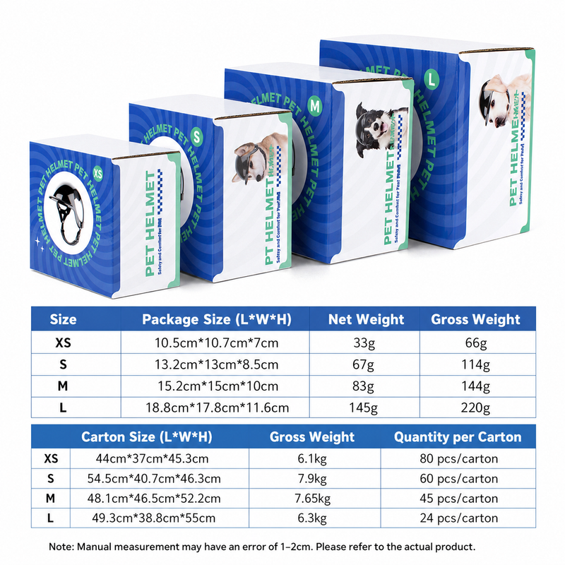 Alternate view of Pet helmet packaging size chart showing XS to L blue and white boxes