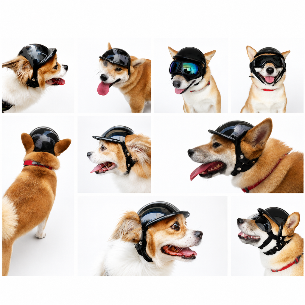 Collage of dogs wearing black pet safety helmets and goggles from multiple angles