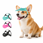 Lyypet pet sun visor hat shown on a corgi with blue, pink and black color options