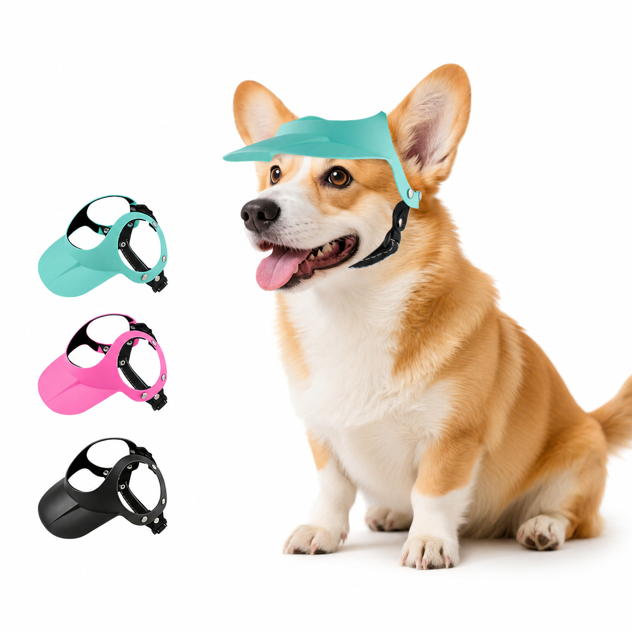 Lyypet pet sun visor hat shown on a corgi with blue, pink and black color options