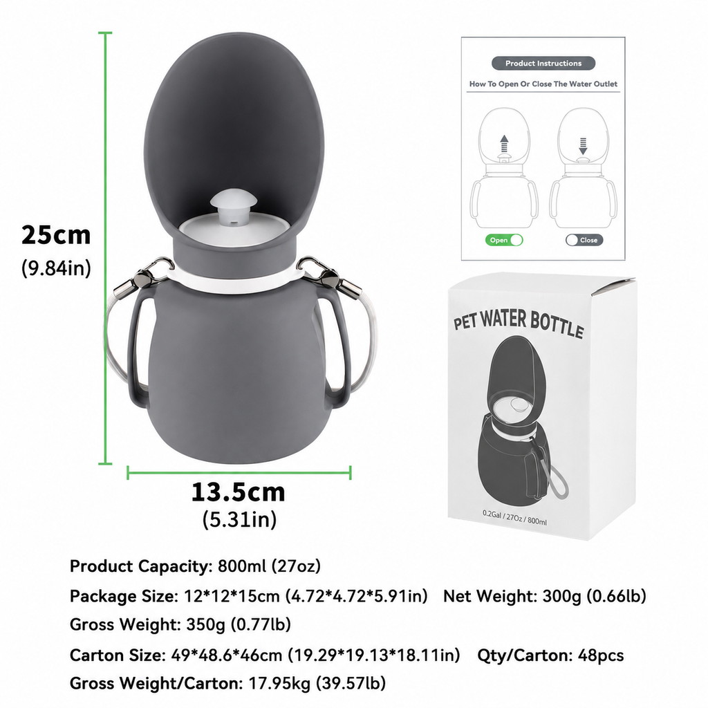 Gray 800ml dog water bottle with size measurements, instruction card, and retail packaging box