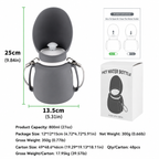 Gray 800ml dog water bottle with size measurements, instruction card, and retail packaging box
