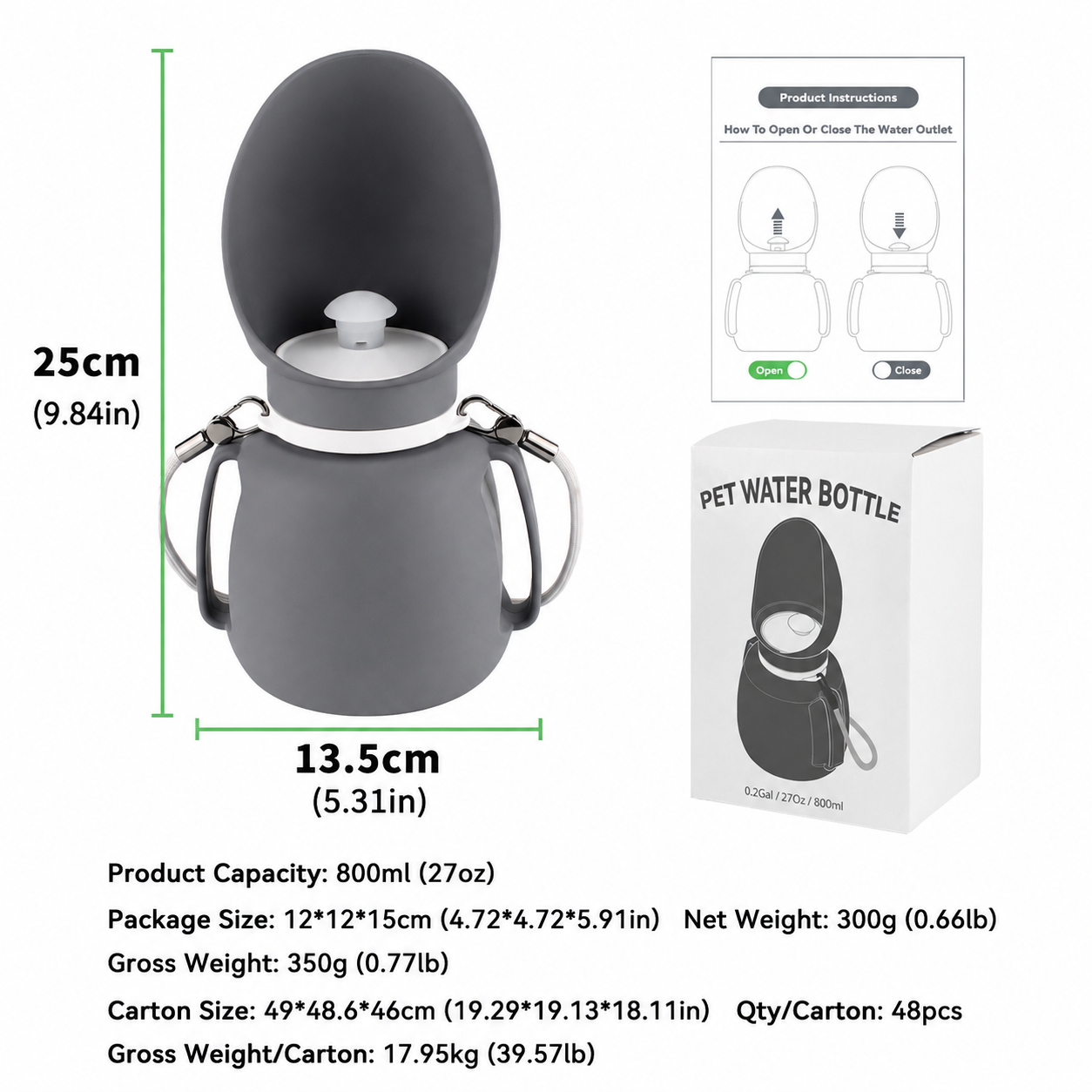 Gray 800ml dog water bottle with size measurements, instruction card, and retail packaging box