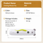 Specification chart for white and green chasing mouse cat toy with package contents