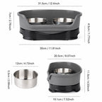 Dimension chart for gray elevated double pet bowl feeder and removable stainless bowl