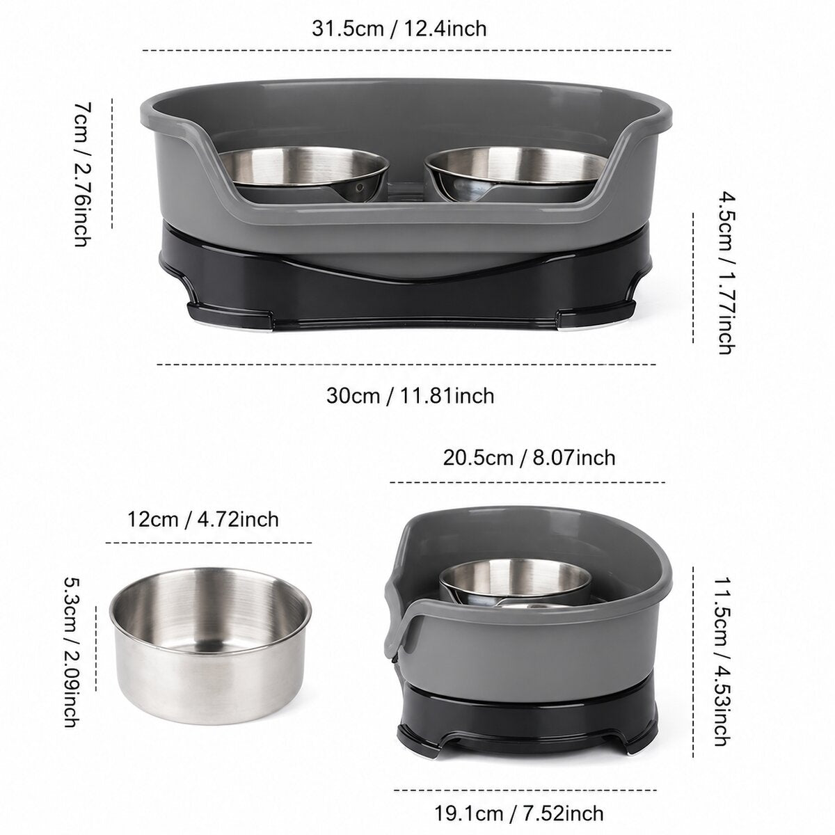 Dimension chart for gray elevated double pet bowl feeder and removable stainless bowl