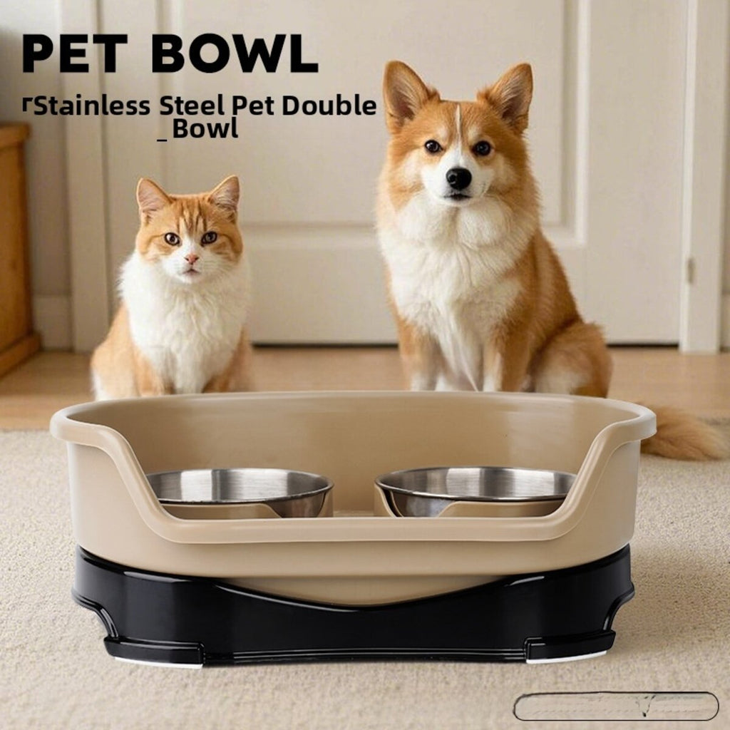 Beige elevated double pet bowl with stainless inserts in front of a cat and dog indoors