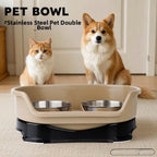 Beige elevated double pet bowl with stainless inserts in front of a cat and dog indoors