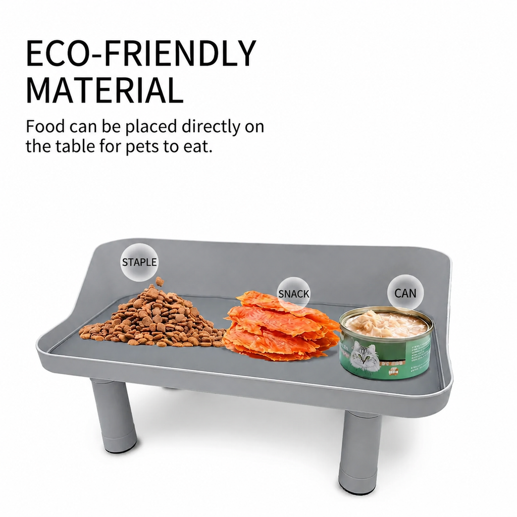 Gray feeder tray holding kibble, orange treats, and a green cat food can beneath ECO-FRIENDLY MATERIAL text