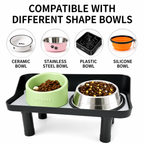 Raised feeder stand with green ceramic and stainless bowls beneath icons for ceramic, stainless, plastic, and silicone bowls