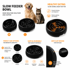 Slow feeder bowl infographic with medium and large black maze bowls, a golden retriever, a tabby cat, and anti-slip details