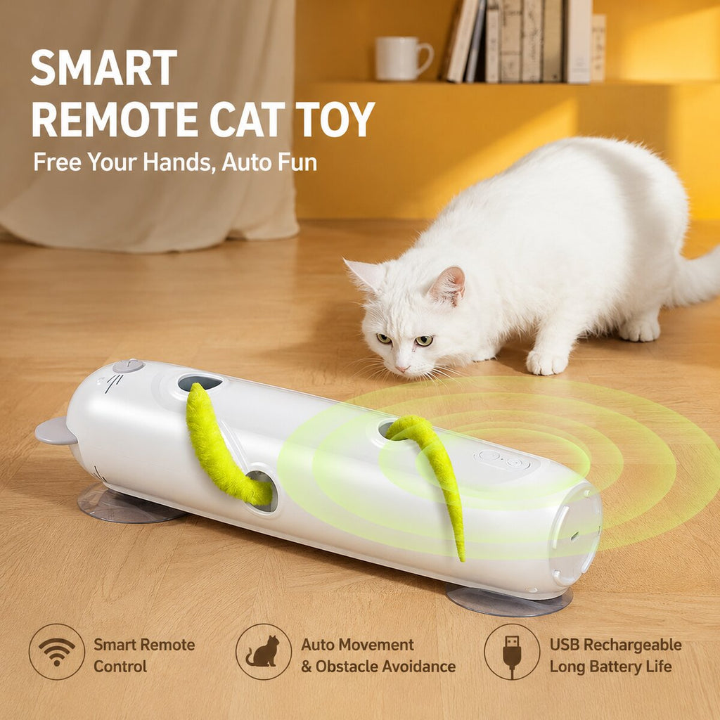White cat watching smart remote cat toy with green feather tails on a wood floor