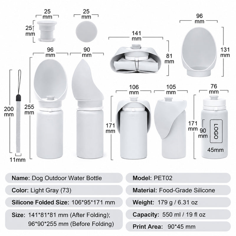 Alternate view of Dimension chart for light gray 550ml foldable dog outdoor water bottle