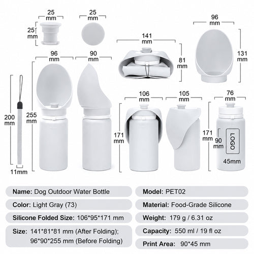 Dimension chart for light gray 550ml foldable dog outdoor water bottle