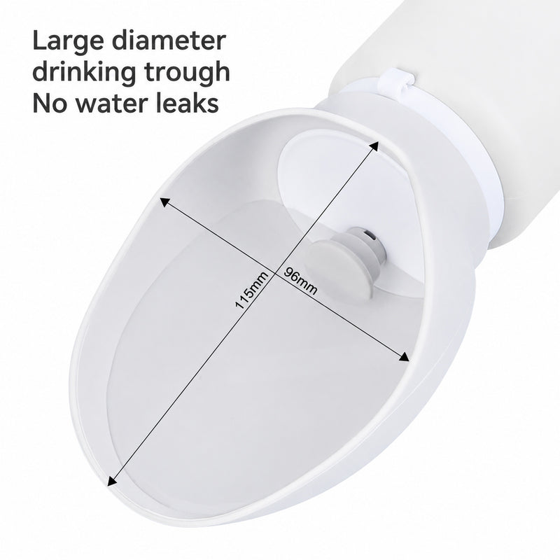 Close-up of white wide-mouth dog water bottle trough with leak-proof outlet