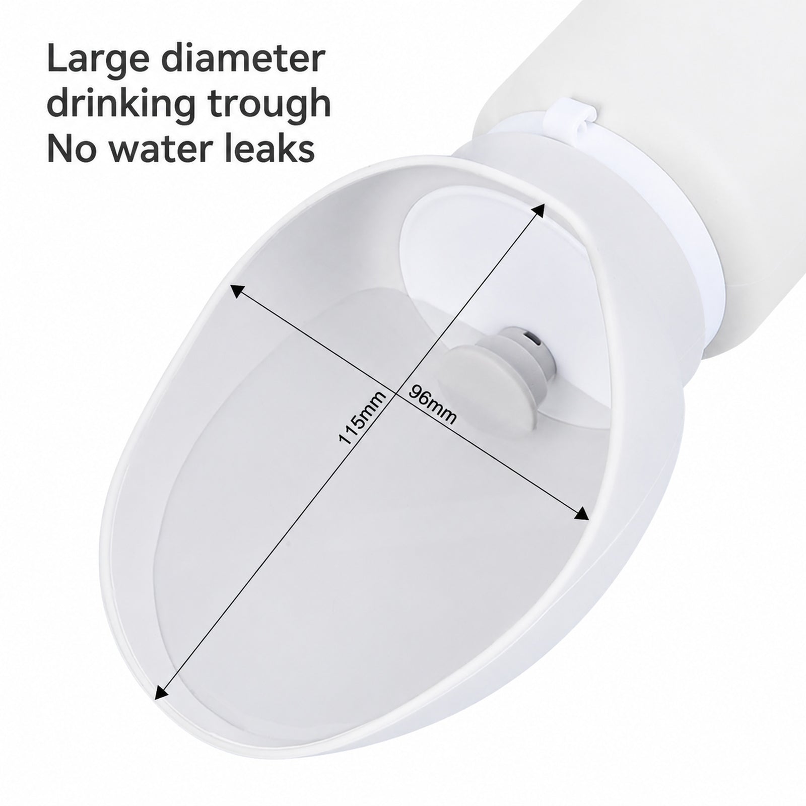 Close-up of white wide-mouth dog water bottle trough with leak-proof outlet