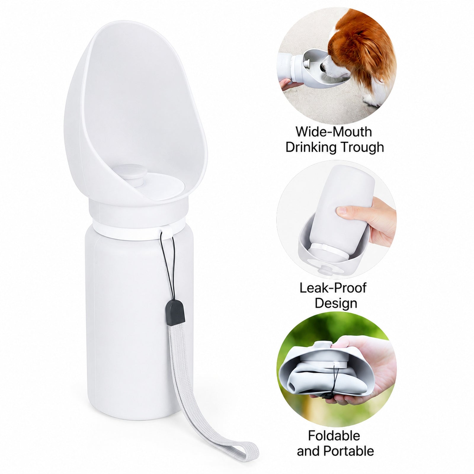 Light gray foldable dog water bottle with wide-mouth trough and leak-proof feature callouts